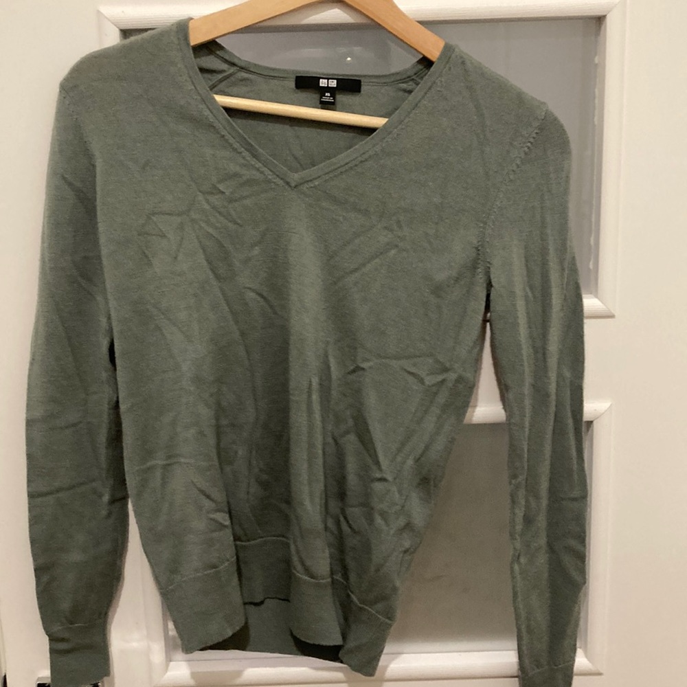 Army green V-neck wool sweater